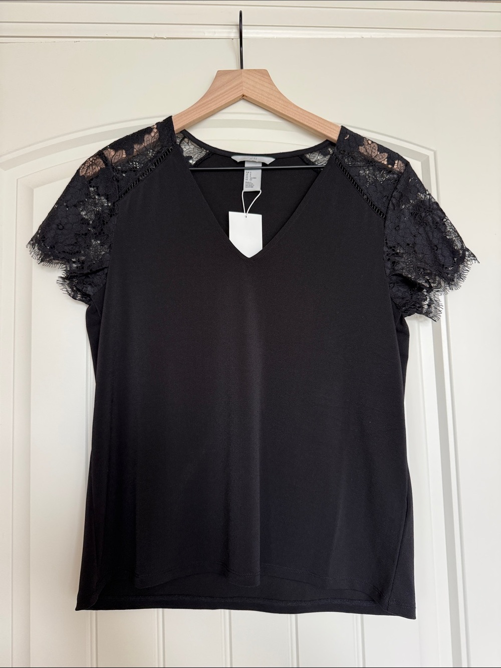 H&M Black V-Neck Top with Lace Cap Sleeves